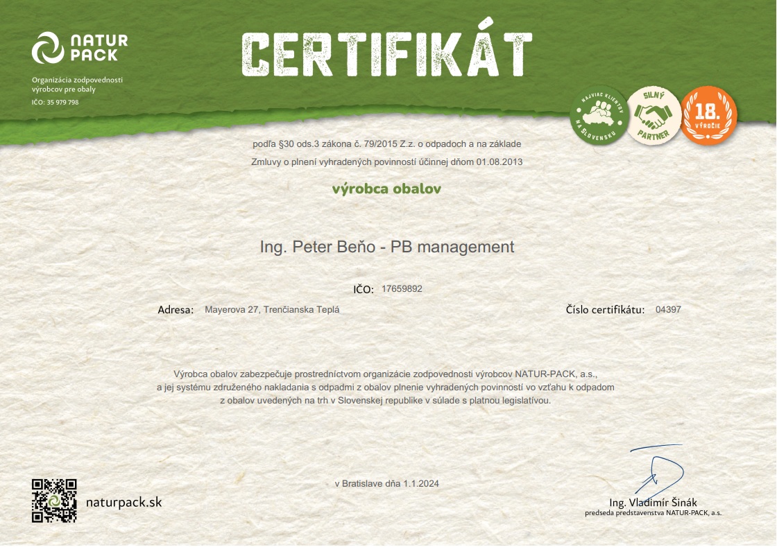 PBmanagement certifikát zodpovednosti Naturpack